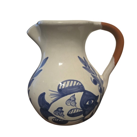 Sto Onofre Other - Sto Onofre Portugal Hand Painted Blue Fish Pitcher Terracotta Handle 4.75"‎